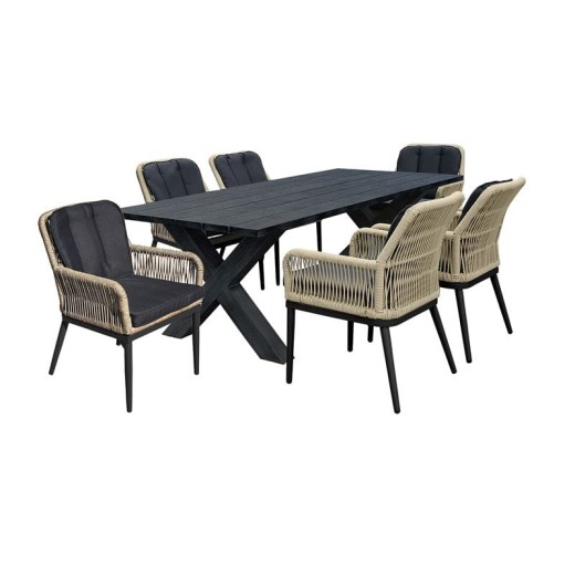 ALLEY Set Τραπεζαρία ALU Ανθρακί-Rope Φυσικό: Τραπέζι 180x94 + 6 Πολυθρόνες με Μαξιλ Ανθρακί