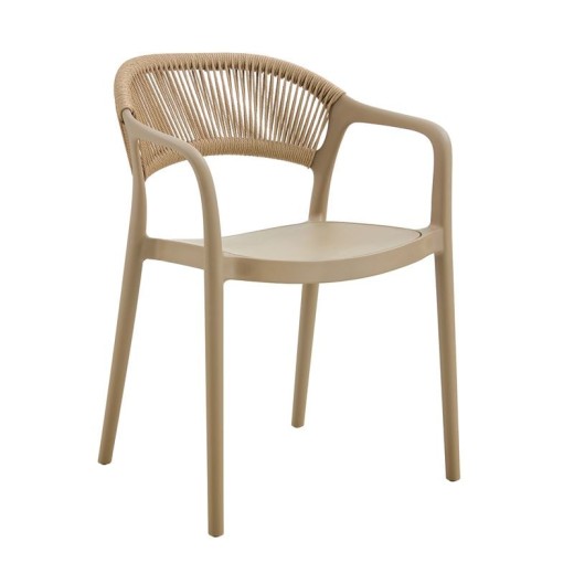 DONNA Πολυθρόνα-Pro Στοιβαζόμενη, PP-UV Tortora, Rope Wicker Φυσικό Μπεζ-Tortora-Sand-Cappuccino