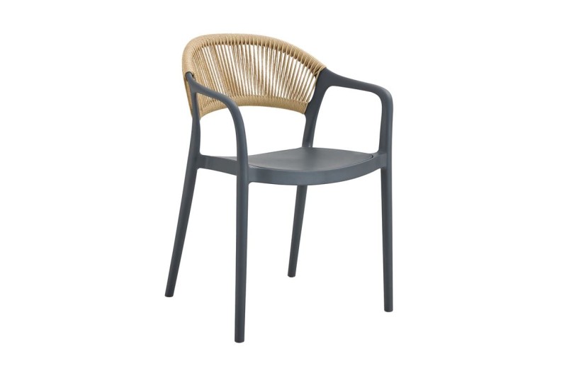 DONNA Πολυθρόνα-Pro Στοιβαζόμενη, PP-UV Ανθρακί, Rope Wicker Φυσικό Ανθρακί