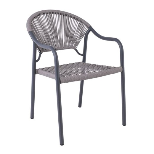 POLIS Πολυθρόνα Βεράντας-Κήπου Μέταλλο Βαφή Ανθρακί, Rope Wicker Γκρι, Στοιβαζόμενη Ανθρακί