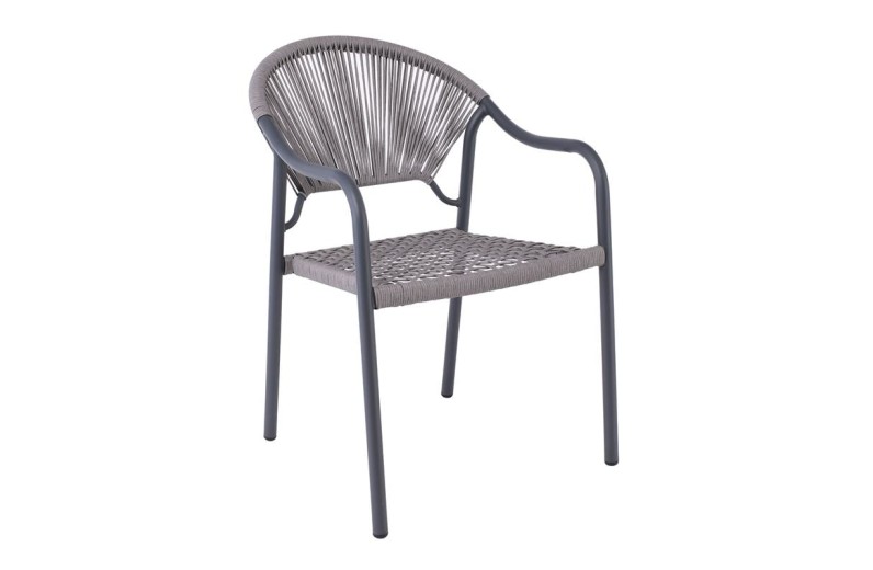 POLIS Πολυθρόνα Βεράντας-Κήπου Μέταλλο Βαφή Ανθρακί, Rope Wicker Γκρι, Στοιβαζόμενη Ανθρακί