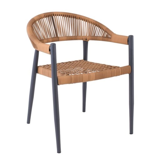 ZENYA Πολυθρόνα Βεράντας-Κήπου Μέταλλο Βαφή Ανθρακί, Rope Wicker Φυσικό, Στοιβαζόμενη Ανθρακί