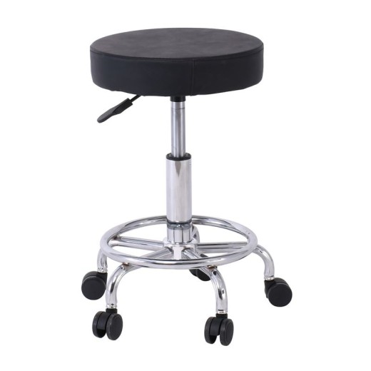 GLORY Σκαμπό με υποπόδιο, Βάση Χρώμιο, PU Μαύρο, Περιστρεφόμενο, Τροχήλατο Μαύρο