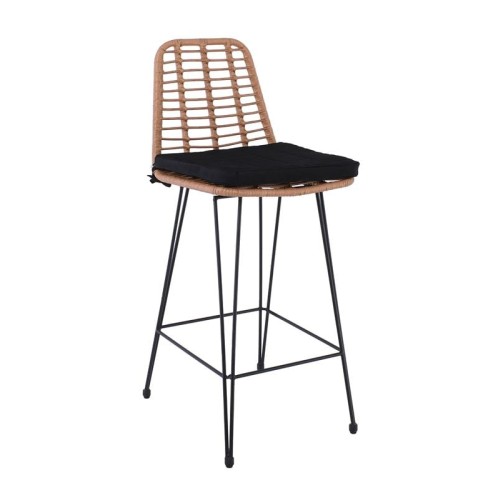 SALSA Σκαμπό BAR-Pro με Πλάτη, Μέταλλο Βαφή Μαύρο - Wicker Φυσικό, με Μαξιλάρι Μαύρο Μαύρο