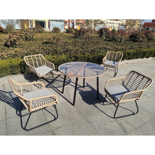 SALSA Τραπεζαρία: Μέταλλο Βαφή Μαύρο-Wicker Φυσικό, Μαξιλάρι Γκρι: Τραπέζι + 4 Πολυθρόνες Μαύρο