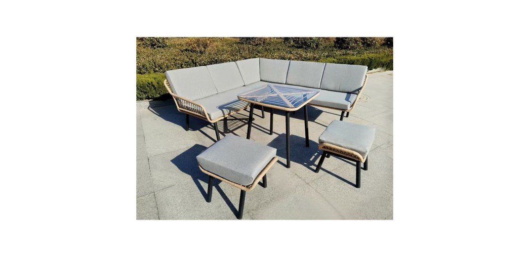 SALSA CORNER Σαλόνι-Καθιστικό: Τραπέζι + Καναπές Γωνία + 2 Σκαμπό, Μέταλλο-Wicker Φυσικό Μαύρο