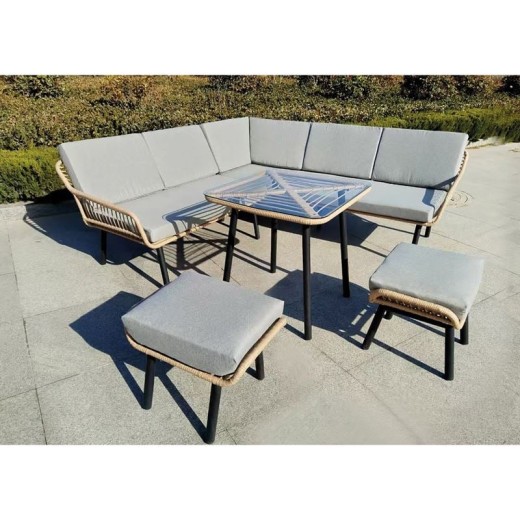 SALSA CORNER Σαλόνι-Καθιστικό: Τραπέζι + Καναπές Γωνία + 2 Σκαμπό, Μέταλλο-Wicker Φυσικό Μαύρο