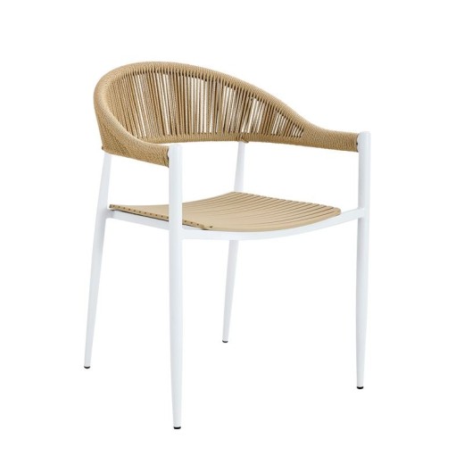 MALTA Πολυθρόνα Στοιβαζόμενη, Μέταλλο Βαφή Άσπρο, PP-UV Μπεζ Rope Wicker Φυσικό Άσπρο