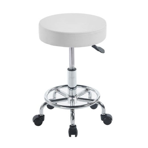 GLORY Σκαμπό με υποπόδιο, Βάση Χρώμιο, PU Άσπρο, Περιστρεφόμενο, Τροχήλατο Άσπρο