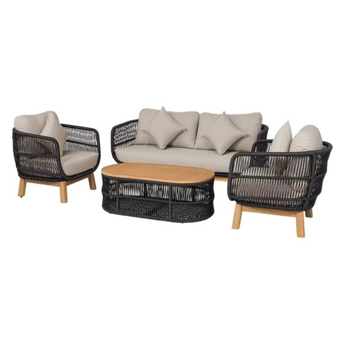 MARK Set Σαλόνι Κήπου 4 τεμαχίων Acacia Φυσικό, Rope Wicker Μαύρο, Μαξιλάρια Μπεζ Μαύρο