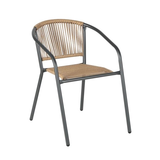 PATTY Πολυθρόνα Στοιβαζόμενη Κήπου, Μέταλλο Βαφή Ανθρακί, PE Rattan Φυσικό Ανθρακί