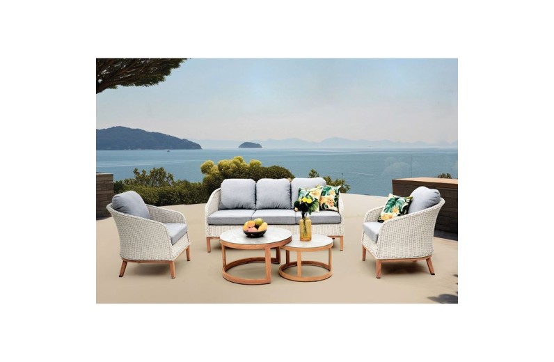 IBIZA Set Σαλόνι Κήπου: 3θέσιο +2 Πολυθρόνες+2 Τραπεζάκια ALU Φυσικό-Wicker Άσπρο-Μαξιλ.Γκρι Άσπρο