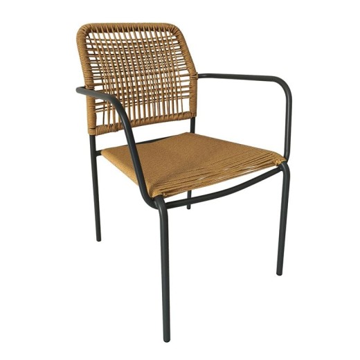 LUIGI Πολυθρόνα Βεράντας-Κήπου Μέταλλο Βαφή Ανθρακί, Rope Wicker Φυσικό, Στοιβαζόμενη Ανθρακί