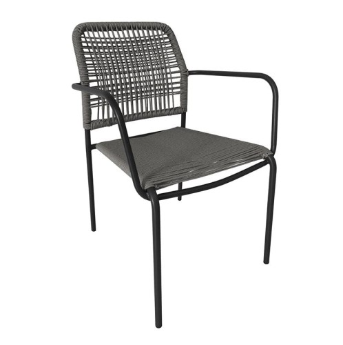 LUIGI Πολυθρόνα Βεράντας-Κήπου Μέταλλο Βαφή Ανθρακί, Rope Wicker Γκρι, Στοιβαζόμενη Ανθρακί