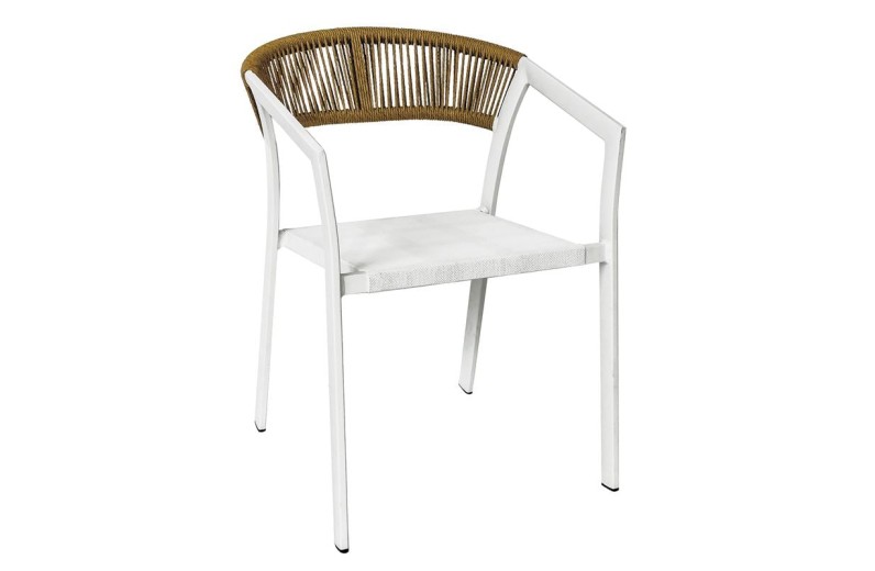 PARMA Πολυθρόνα Βεράντας-Κήπου ALU Άσπρο, Rope Wicker Φυσικό, Textilene Άσπρο, Στοιβαζόμενη Άσπρο