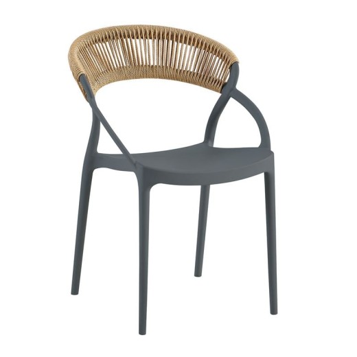 DORA Πολυθρόνα Στοιβαζόμενη, PP Ανθρακί, Rope Wicker Φυσικό Ανθρακί