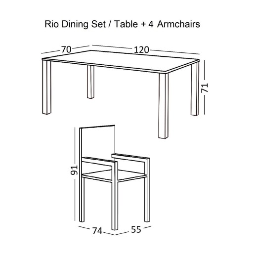RIO Set Τραπεζαρία Κήπου Μέταλλο Βαφή Μπεζ, Textilene Μπεζ: Τραπέζι + 4 Πολυθρόνες Μπεζ-Tortora-Sand-Cappuccino