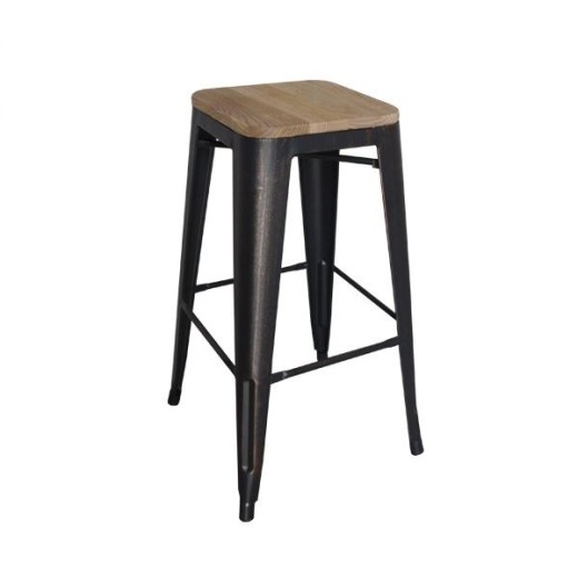 RELIX Wood Σκαμπό Bar-Pro, Μέταλλο Βαφή Antique Black, Απόχρωση Ξύλου Natural Oak Μαύρο