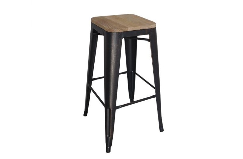 RELIX Wood Σκαμπό Bar-Pro, Μέταλλο Βαφή Antique Black, Απόχρωση Ξύλου Natural Oak Μαύρο