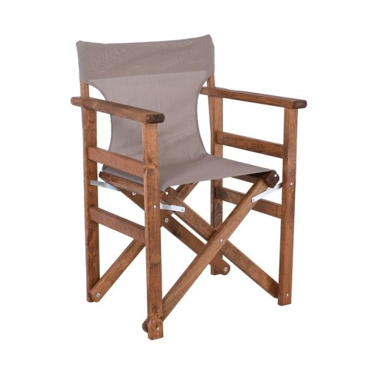 Σκηνοθέτη Πολυθρόνα Οξιά, Βαφή Εμποτισμού Καρυδί, Textilene Sand Beige, Πτυσσόμενη Καρυδί