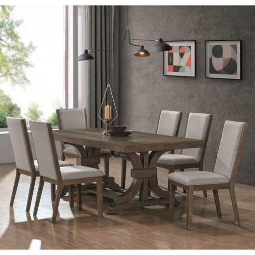 KING Set Τραπεζαρία Ξύλινη Σαλονιού: Τραπέζι+6 Καρέκλες, Antique Grey Walnut, Ύφ.Γκρι Γκρι