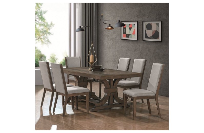 KING Set Τραπεζαρία Ξύλινη Σαλονιού: Τραπέζι+6 Καρέκλες, Antique Grey Walnut, Ύφ.Γκρι Γκρι