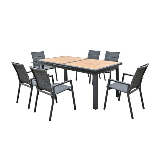 NAPOLI Set Dining ALU Κήπου: 6 Πολυθρόνες + Τραπέζι Επεκτ/νο Μαύρο-Καρυδί-Textilene Ανθρακί Καρυδί