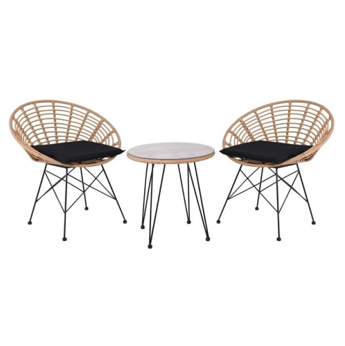 SALSA Coral Coffee Set Κήπου Μέταλλο Μαύρο - Γυαλί - Wicker Φυσικό: Τραπεζάκι+2 Πολυθρόνες Μαύρο