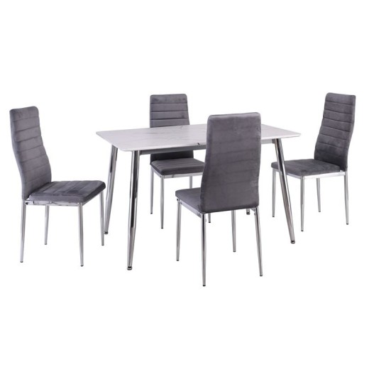 JETTA-DATUM Τραπεζαρία Κουζίνας Χρώμιο, Τραπέζι Mdf Άσπρο + 4 Καρέκλες Velure Γκρι Γκρι