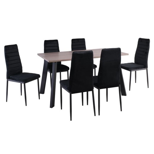 JETTA-BAXTER Τραπεζαρία Μέταλλ ο Βαφή Μαύρο, Τραπέζι Sonoma Oak + 6 Καρέκλες Velure Μαύρο Καρυδί