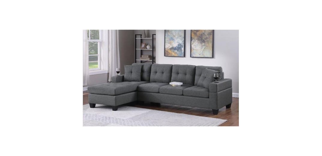 JORDAN Καναπές Σαλονιού Γωνία Αναστρέψιμος, Ύφασμα Γκρι, Μπράτσα με ποτηροθήκες