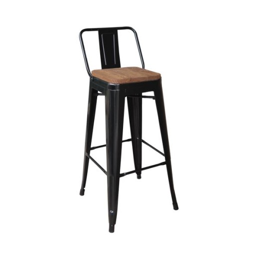 RELIX Wood Σκαμπό Bar-Pro με Πλάτη, Μέταλλο Βαφή Μαύρο, Απόχρωση Ξύλου Dark Oak Καρυδί