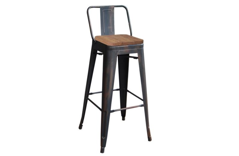 RELIX Wood Σκαμπό Bar-Pro με Πλάτη, Μέταλλο Βαφή Antique Black, Απόχρωση Ξύλου Dark Oak Καρυδί