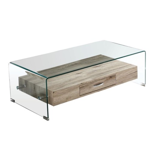 GLASSER Wood Τραπεζάκι Σαλονιού Γυαλί 12mm - Ράφι με Συρτάρι Απόχρωση Δρυς Διάφανο