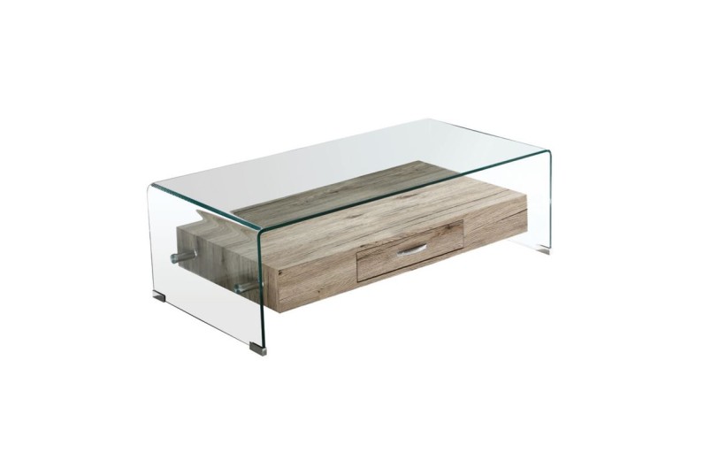 GLASSER Wood Τραπεζάκι Σαλονιού Γυαλί 12mm - Ράφι με Συρτάρι Απόχρωση Δρυς Διάφανο