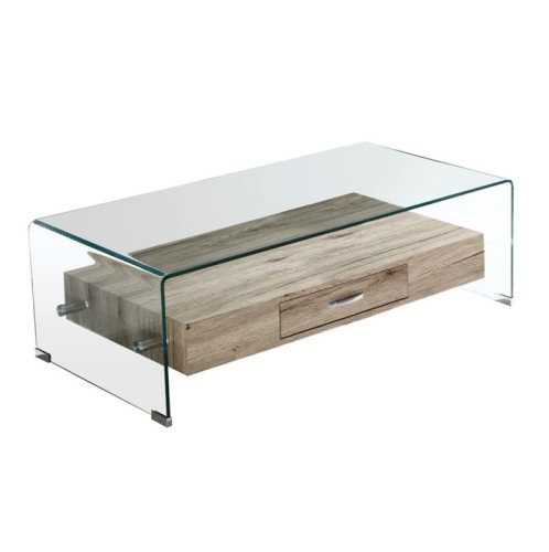 GLASSER Wood Τραπεζάκι Σαλονιού Γυαλί 12mm - Ράφι με Συρτάρι Απόχρωση Δρυς Διάφανο