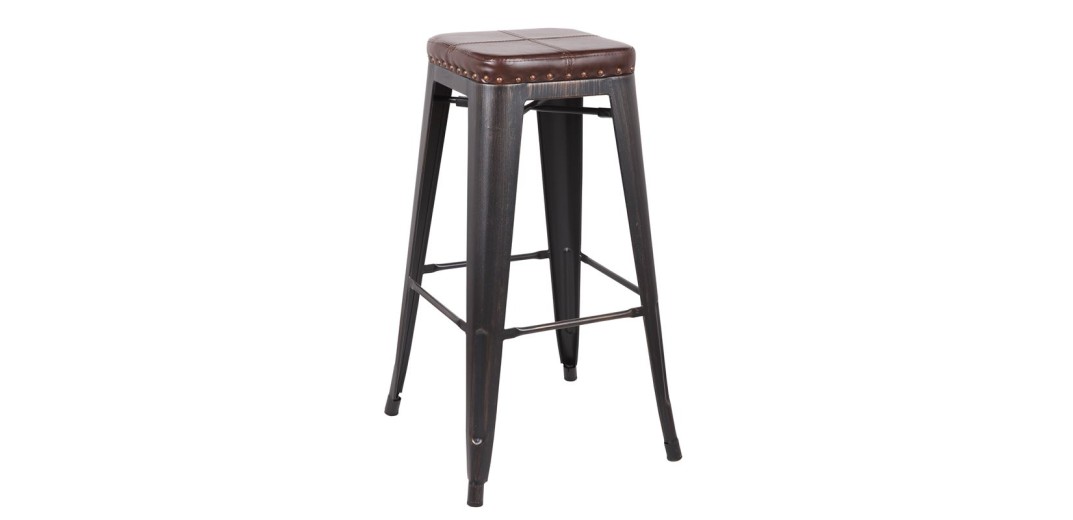 RELIX Σκαμπό Bar-Pro, Στοιβαζόμενο, Μέταλλο Βαφή Antique Black, Pu Σκούρο Καφέ Καφέ