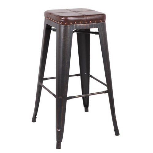 RELIX Σκαμπό Bar-Pro, Στοιβαζόμενο, Μέταλλο Βαφή Antique Black, Pu Σκούρο Καφέ Καφέ
