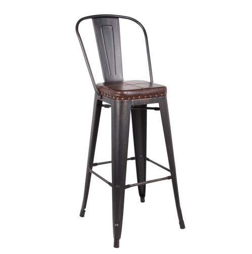 RELIX Σκαμπό Bar-Pro με Πλάτη, Μέταλλο Βαφή Antique Black, Pu Σκούρο Καφέ Καφέ