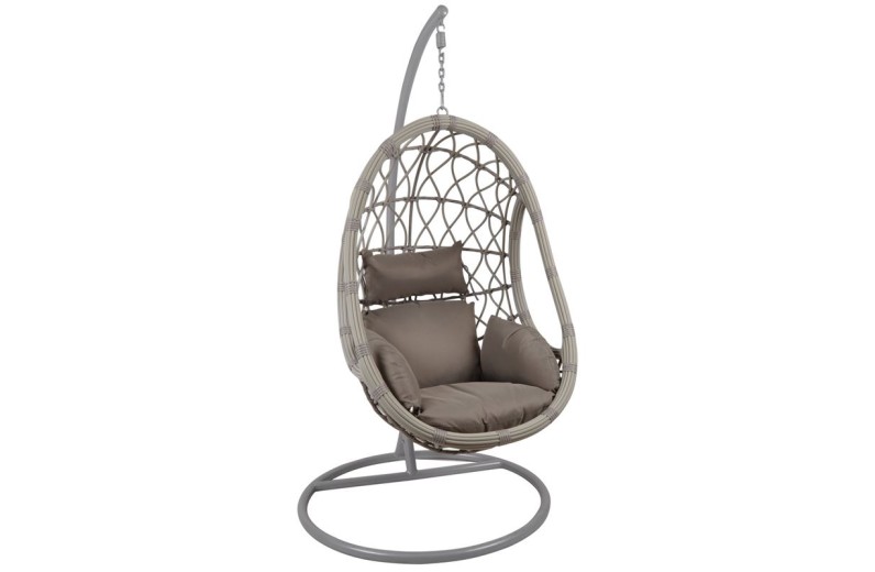 MACAN Κρεμαστή Πολυθρόνα, Wicker Grey, Μέταλλο Βαφή Γκρι, Μαξιλάρι Cappuccino