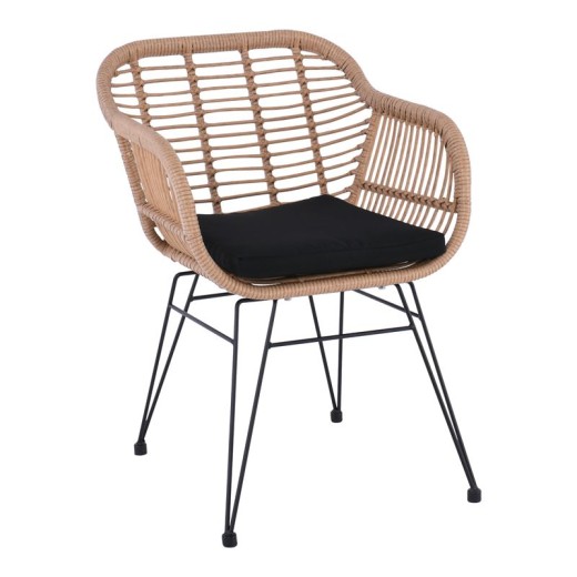 SALSA Πολυθρόνα Τραπεζαρίας Κήπου, Μέταλλο Βαφή Μαύρο, Wicker Φυσικό, Μαξιλάρι Μαύρο Μαύρο