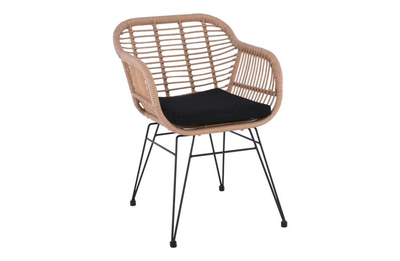 SALSA Πολυθρόνα Τραπεζαρίας Κήπου, Μέταλλο Βαφή Μαύρο, Wicker Φυσικό, Μαξιλάρι Μαύρο Μαύρο