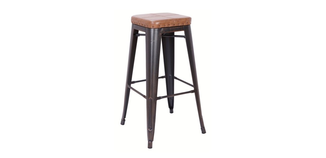 RELIX Σκαμπό Bar-Pro, Στοιβαζόμενο, Μέταλλο Βαφή Antique Black, Pu Camel Καφέ