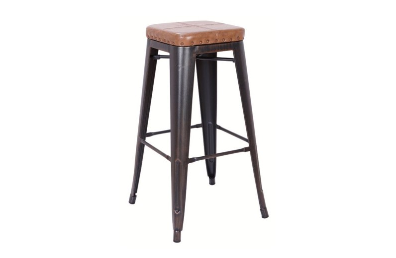 RELIX Σκαμπό Bar-Pro, Στοιβαζόμενο, Μέταλλο Βαφή Antique Black, Pu Camel Καφέ